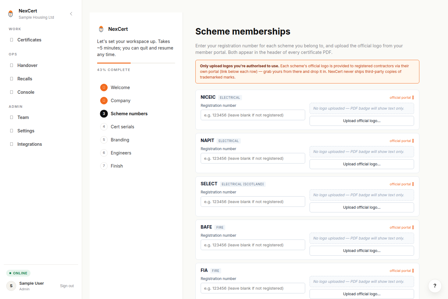 Onboarding scheme membership picker — registration number field and logo upload for NICEIC (electrical), NAPIT (electrical), SELECT (Scotland electrical) and BAFE (fire), each with a deep-link to the scheme's member area for grabbing your authorised logo.