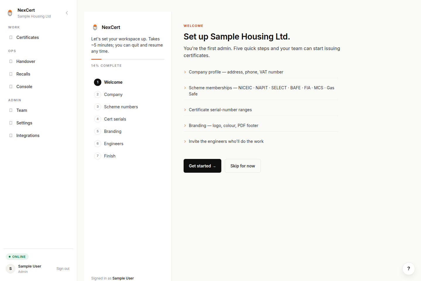 NexCert dashboard — left sidebar with WORK, OPS and ADMIN sections; free-trial pill showing days remaining; welcome screen setting up a workspace with scheme memberships NICEIC, NAPIT, SELECT, BAFE, FIA, MCS and Gas Safe listed.