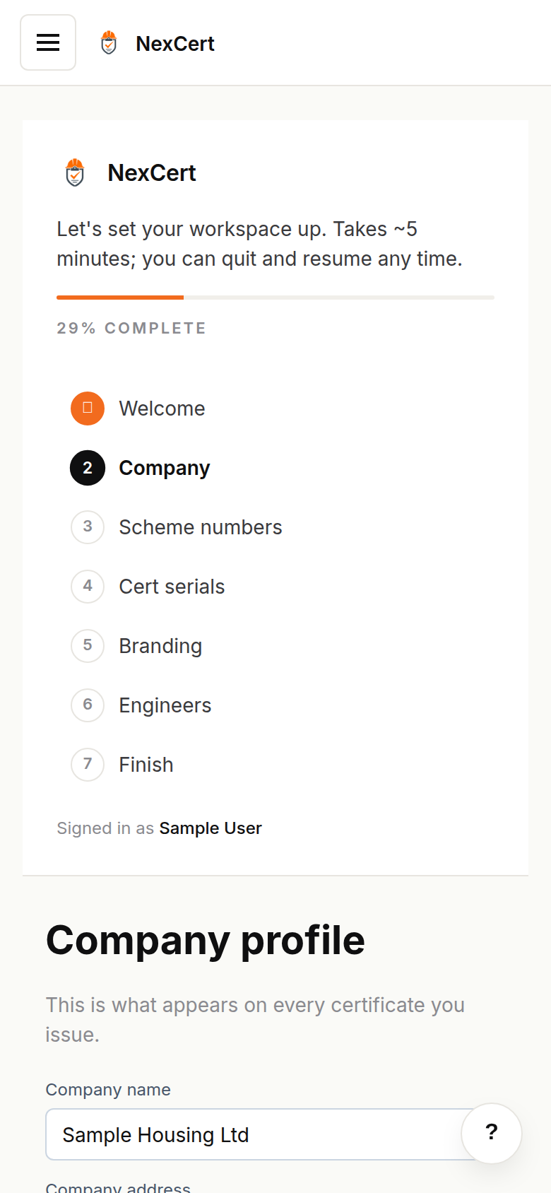 NexCert signup on iPhone — Company step with the free-trial offer for launch, 'Compliance, quietly handled.' headline, and a three-step vertical progress rail.